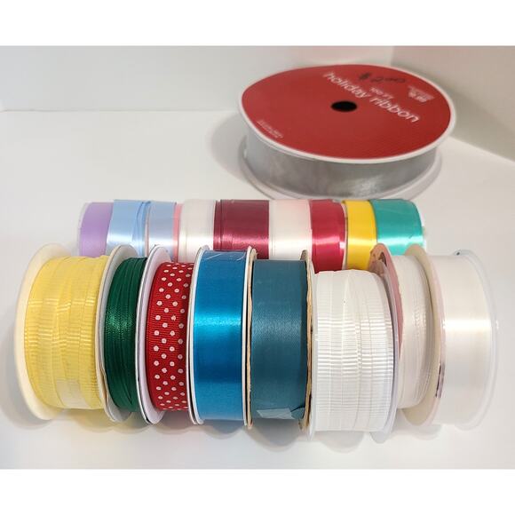 Ribbon Rolls Lot 15 Gift Wrap Craft Stamping Assorted Colors Widths Textures - Picture 6 of 7